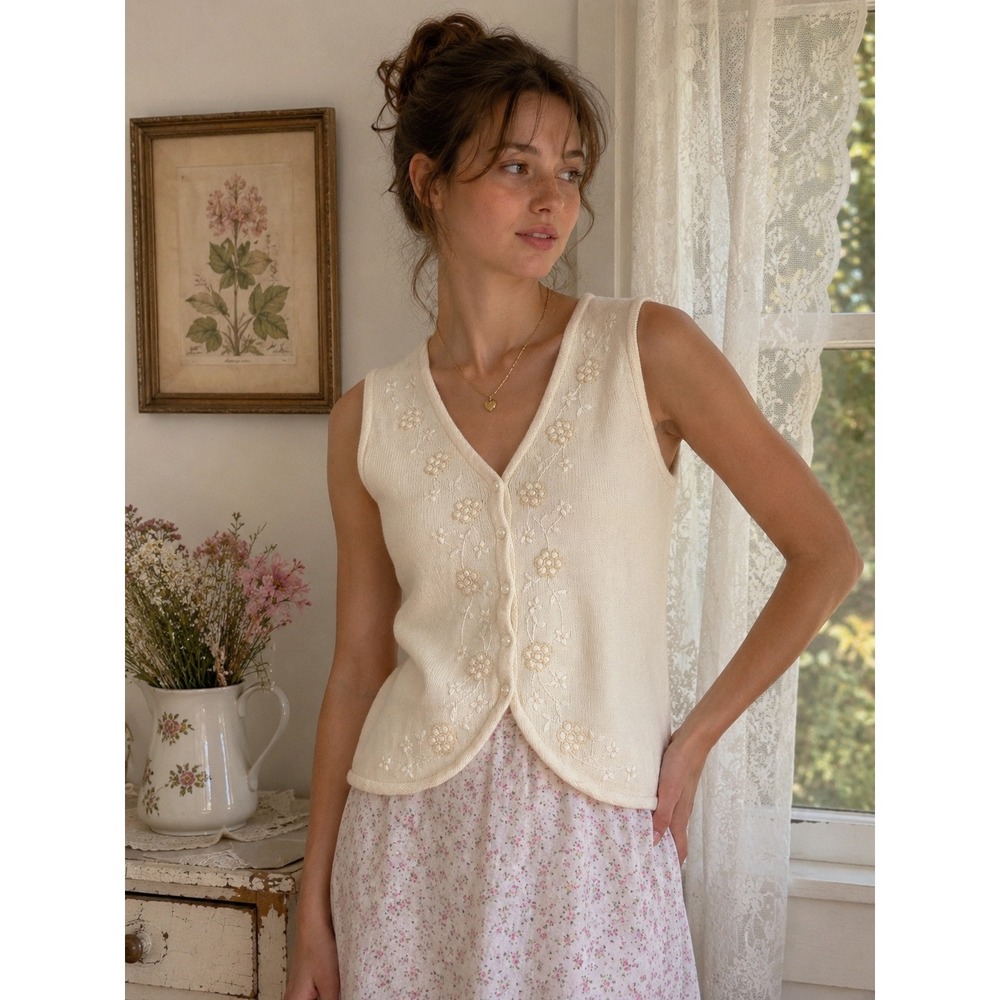 JH Collectibles Vintage Ivory Floral Beaded Cotton Knit Sweater Vest Womens M